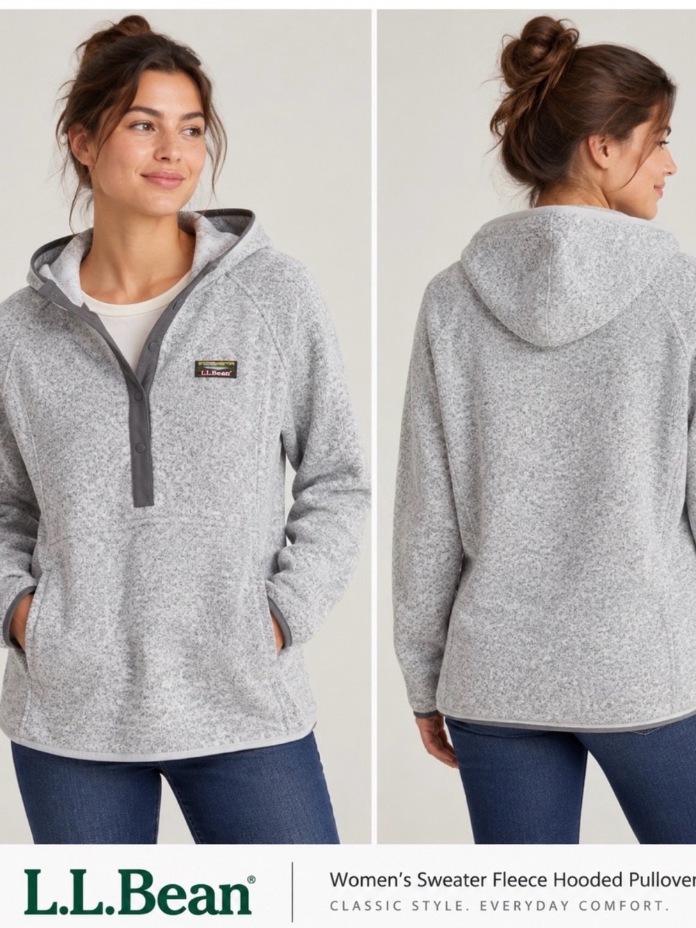 L.L. Bean Heathered Gray Snap-Placket Hooded Fleece Pullover Sweater Women’s Med